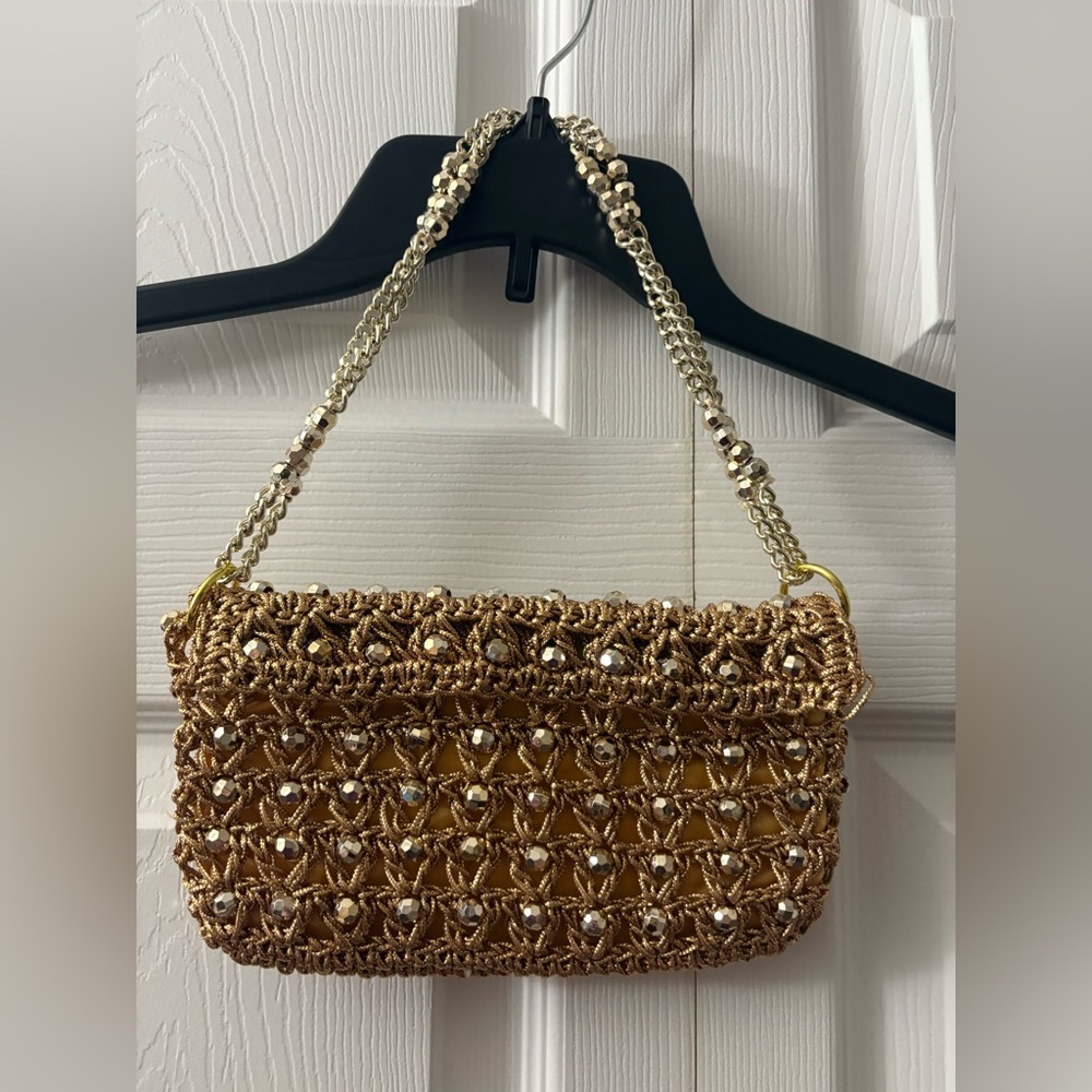 Vintage Gold Beaded Clutch with Intricate Design